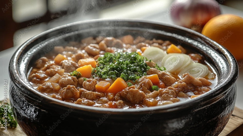 Steaming Hot Stew in a Black Pot Generative AI Steaming Hot Stew in a Black Pot Generative AI