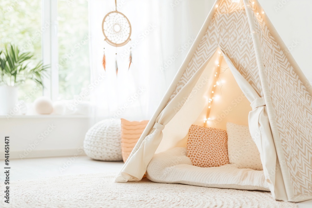 cozy indoor teepee play tent for kids, set in a light-filled room. The tent is made of soft, patterned fabric, adorned with string lights and a dreamcatcher cozy indoor teepee play tent for kids, set in a light-filled room. The tent is made of soft, patterned fabric, adorned with string lights and a dreamcatcher
