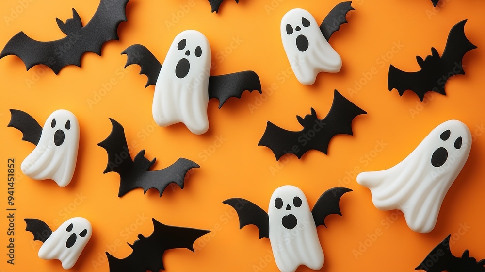 Halloween corner border of scattered candy and decor. Above view over an orange banner background with copy space Halloween corner border of scattered candy and decor. Above view over an orange banner background with copy space