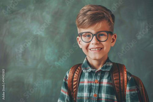 Pupil at lesson against black blackboard background. Schoolboy in classroom. Back to school, Study and Education in elementary school concept. Copy space for text