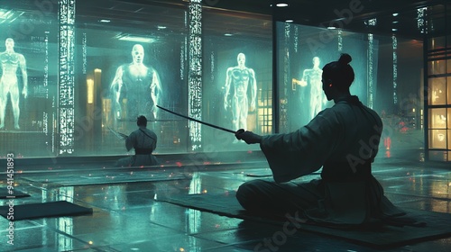 The image depicts a futuristic dojo where a person dressed in traditional samurai attire is sitting in a meditative pose while holding a katana. The scene is illuminated with a blue-green light and hi