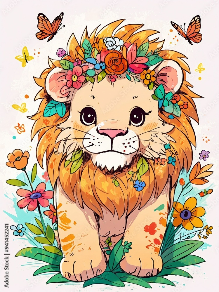 Obraz premium A whimsical lion adorned with flowers and butterflies colorful sketch with white background