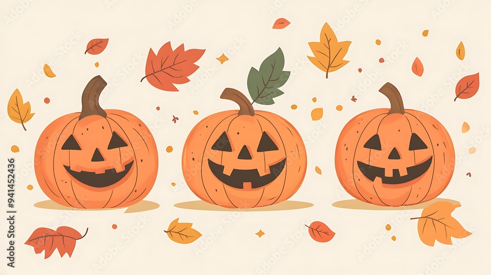 Whimsical Cartoon Pumpkins in Autumn Setting - Halloween T-Shirt Design Vector Illustration Whimsical Cartoon Pumpkins in Autumn Setting - Halloween T-Shirt Design Vector Illustration