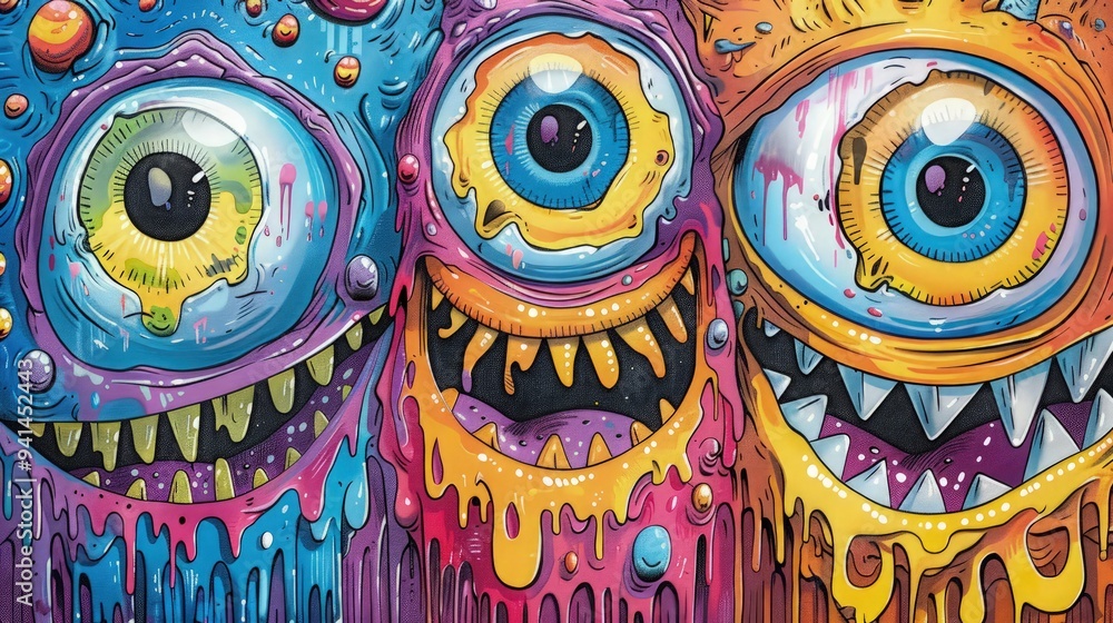 Hand drawn weird monster illustration for full print t-shirt design, outline style, hyper maximalism, heavy composition. Hand drawn weird monster illustration for full print t-shirt design, outline style, hyper maximalism, heavy composition.