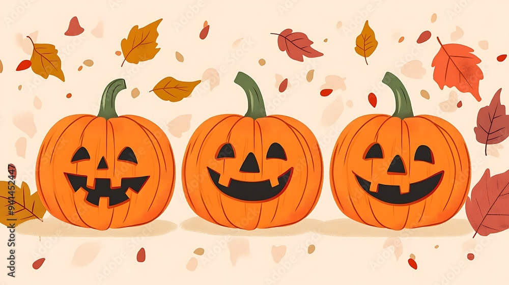 Cheerful Trio of Smiling Pumpkins in Falling Autumn Leaves - Halloween T-Shirt Design Cheerful Trio of Smiling Pumpkins in Falling Autumn Leaves - Halloween T-Shirt Design