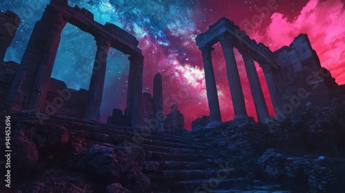 An ancient ruin silhouetted against a vibrant cosmic sky, evoking a sense of mystery and wonder in a stunning landscape.