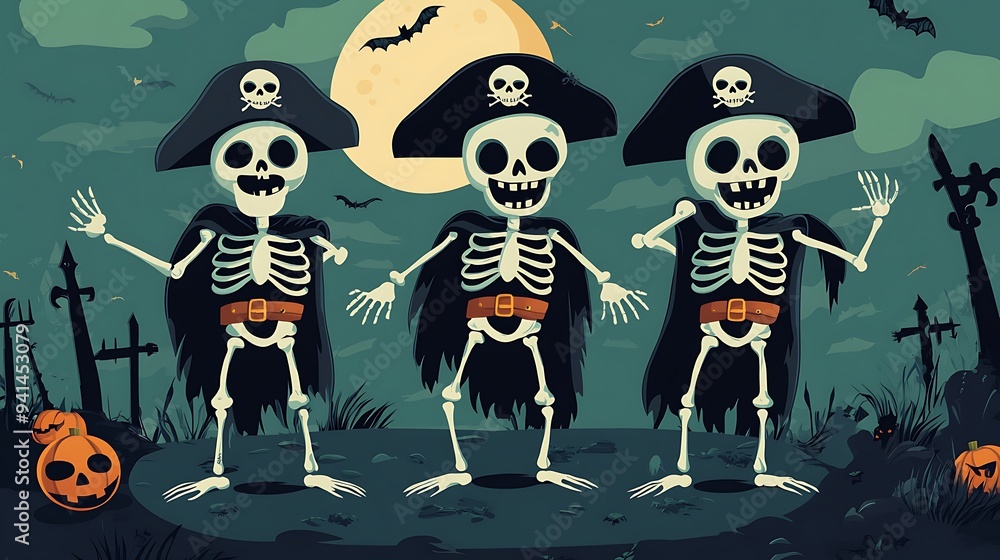 Playful Pirate Skeleton Trio in Moonlit Graveyard - Fun Cartoon Halloween T-Shirt Design Playful Pirate Skeleton Trio in Moonlit Graveyard - Fun Cartoon Halloween T-Shirt Design