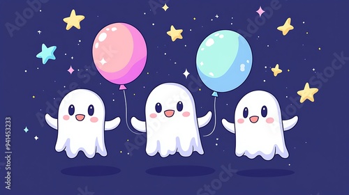 Playful Cute Ghosts with Colorful Balloons Vector Illustration | Halloween T-Shirt Design Graphic