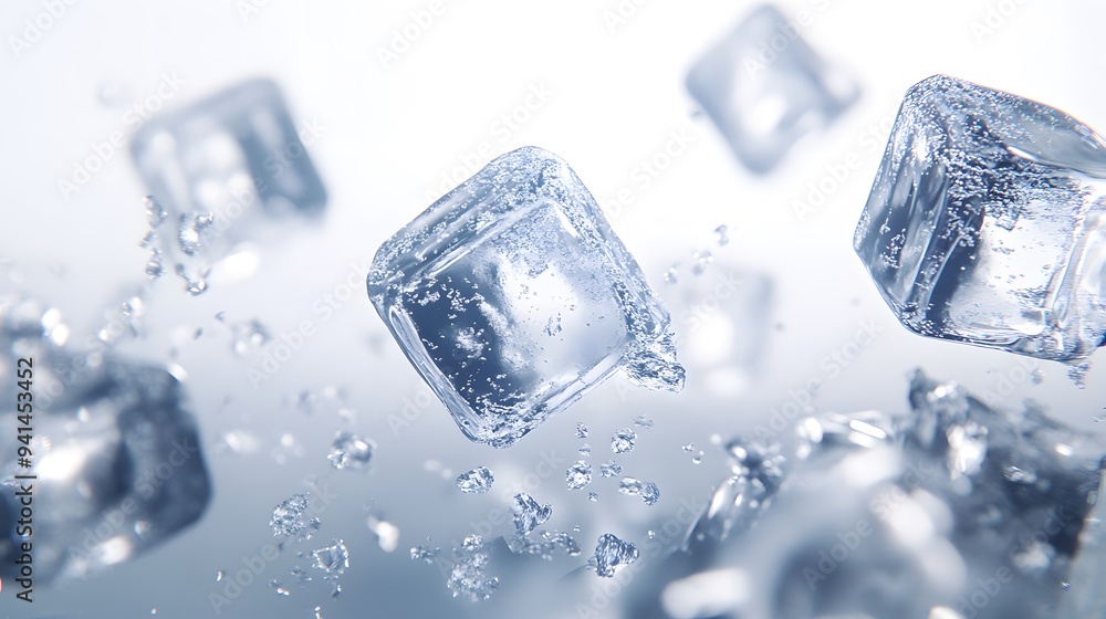 CG Floating Ice Cubes: Perfectly clear CG ice cubes hovering above a white background, with detailed textures and light reflections.
CG Floating Ice Cubes: Perfectly clear CG ice cubes hovering above a white background, with detailed textures and light reflections.