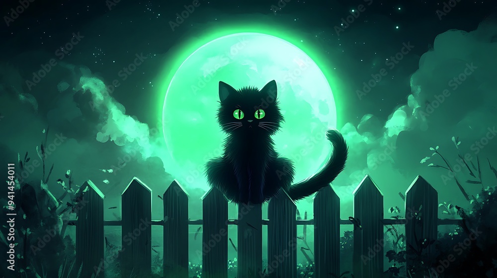 Dreamy Moonlit Night with Cartoon Black Cat on Fence - High-Definition Illustration of Cute Feline Creature in Green Moonlight Glow Dreamy Moonlit Night with Cartoon Black Cat on Fence - High-Definition Illustration of Cute Feline Creature in Green Moonlight Glow