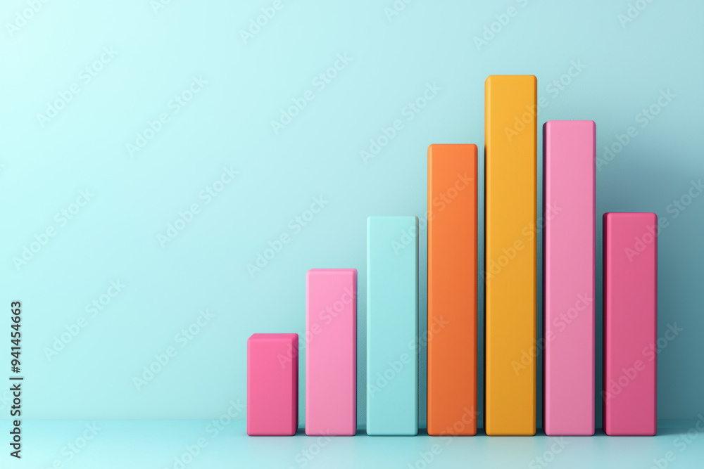 Colorful bar graph representing data analysis. Modern and minimalist design with pastel colors on a light blue background. Colorful bar graph representing data analysis. Modern and minimalist design with pastel colors on a light blue background.