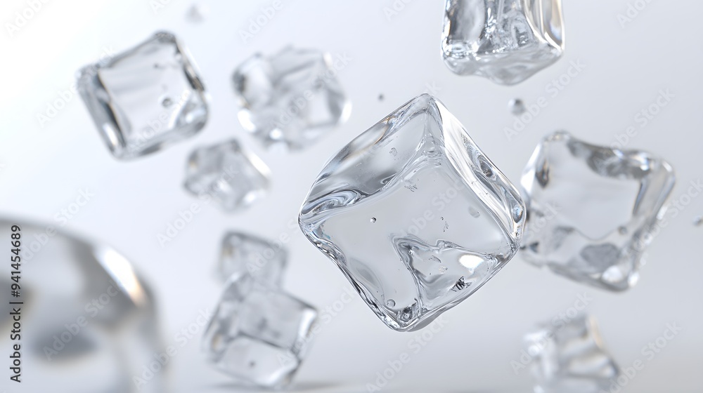 CG Floating Ice Cubes: Perfectly clear CG ice cubes hovering above a white background, with detailed textures and light reflections.
CG Floating Ice Cubes: Perfectly clear CG ice cubes hovering above a white background, with detailed textures and light reflections.