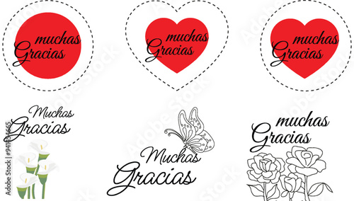 Muchas gracias, set de ilustraciones o clipart aislado sobre fondo blanco.