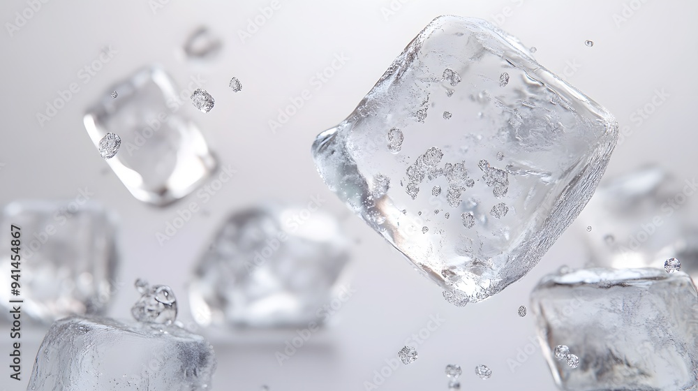 CG Floating Ice Cubes: Perfectly clear CG ice cubes hovering above a white background, with detailed textures and light reflections.
CG Floating Ice Cubes: Perfectly clear CG ice cubes hovering above a white background, with detailed textures and light reflections.
