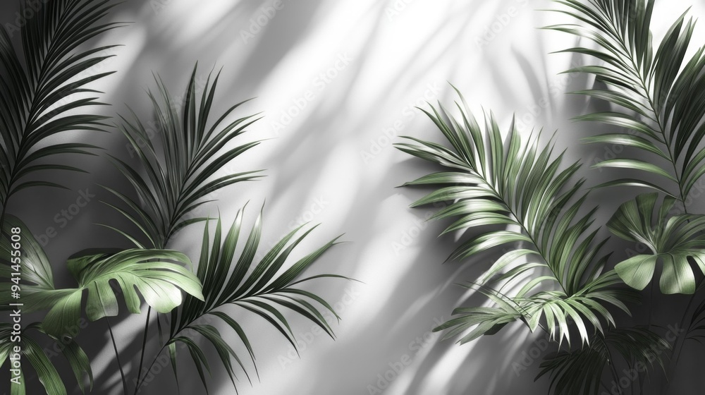 Green Tropical Leaves and Shadows on White Wall Generative AI Green Tropical Leaves and Shadows on White Wall Generative AI