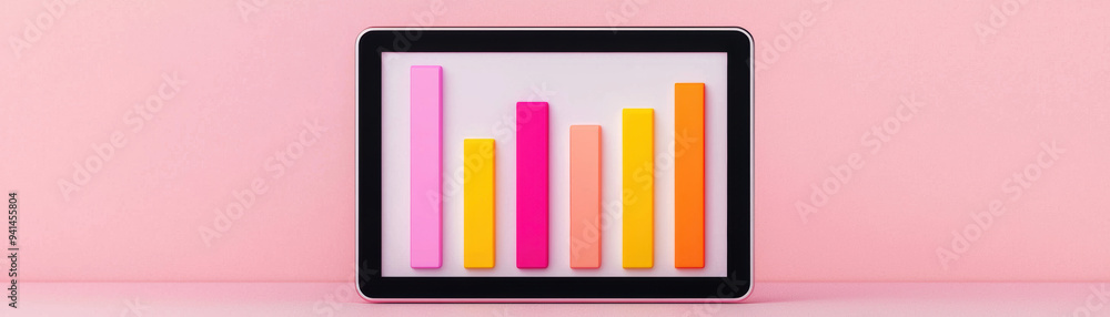 Colorful bar graph on tablet screen against a pink background, representing data analysis, business growth, and financial performance. Colorful bar graph on tablet screen against a pink background, representing data analysis, business growth, and financial performance.