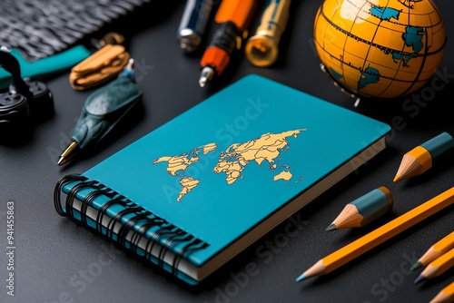 A back-to-school supplies setup themed around global exploration, featuring world map-themed notebooks, a globe-shaped pencil sharpener, and travel-inspired accessories photo