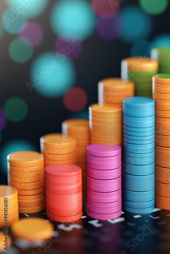 Colorful stacks of poker chips with a blurred, bokeh background, symbolizing growth, investment, and gambling in a vibrant setting.