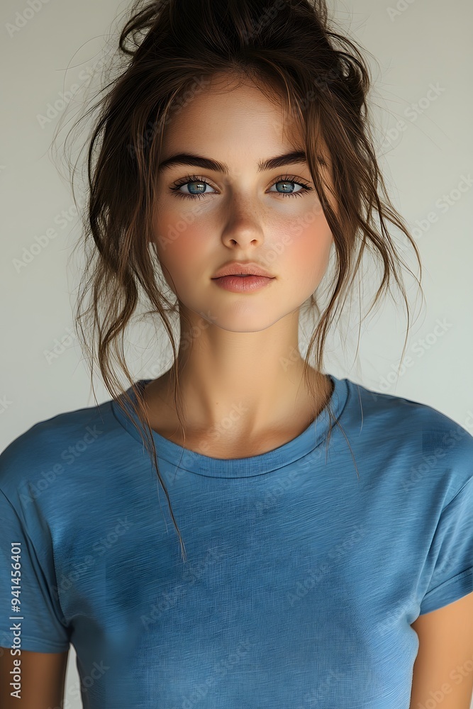Fototapeta premium Close-up portrait of a young woman in a blue t-shirt, top half body, with a white blurred backdrop for brand showcase.