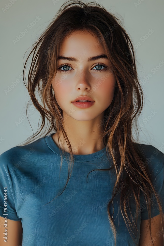 Top half body shot of a young woman in a blue t-shirt, looking straight at the camera with a white blur background. Top half body shot of a young woman in a blue t-shirt, looking straight at the camera with a white blur background.