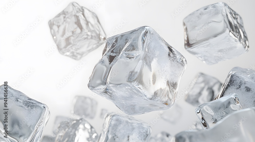 CG Floating Ice Cubes: Perfectly clear CG ice cubes hovering above a white background, with detailed textures and light reflections.
CG Floating Ice Cubes: Perfectly clear CG ice cubes hovering above a white background, with detailed textures and light reflections.