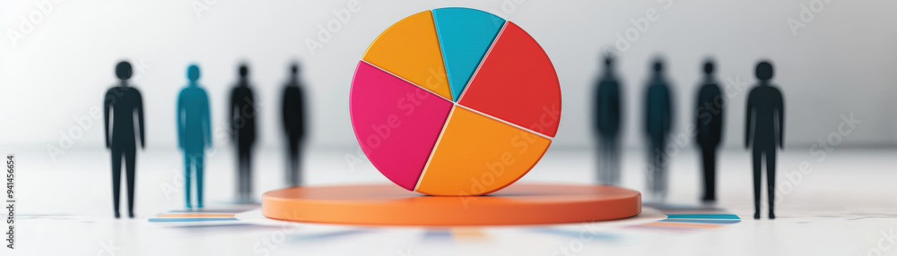 Fototapeta premium Colorful pie chart in the center surrounded by people silhouettes, representing data analysis, teamwork, and business strategy concept.