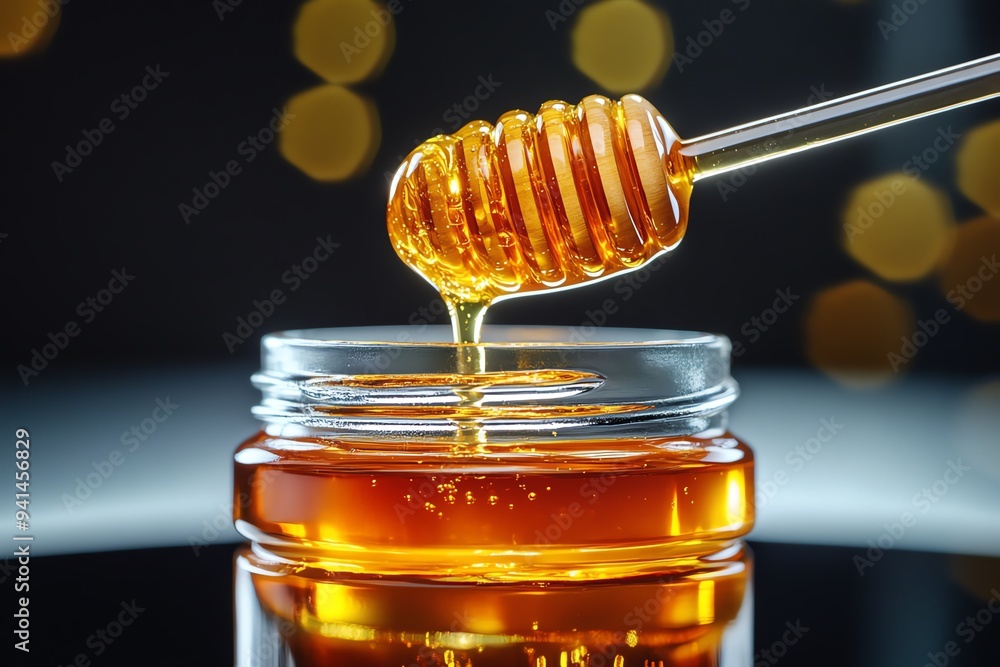A honey dipper resting on the edge of a jar, with the honey catching the light and creating a rich, golden reflection A honey dipper resting on the edge of a jar, with the honey catching the light and creating a rich, golden reflection