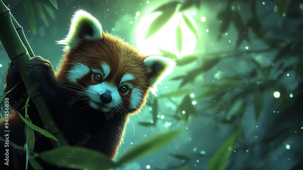 Obraz premium Enchanting Red Panda Playfully Climbing Bamboo in Green Moonlight - HD Wildlife Photography