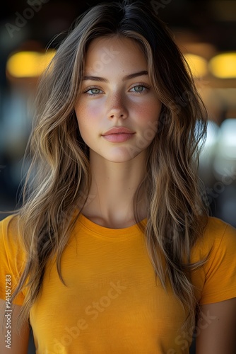 Yellow blur background with a young woman in an orange t-shirt, top half body, looking directly at the camera. photo