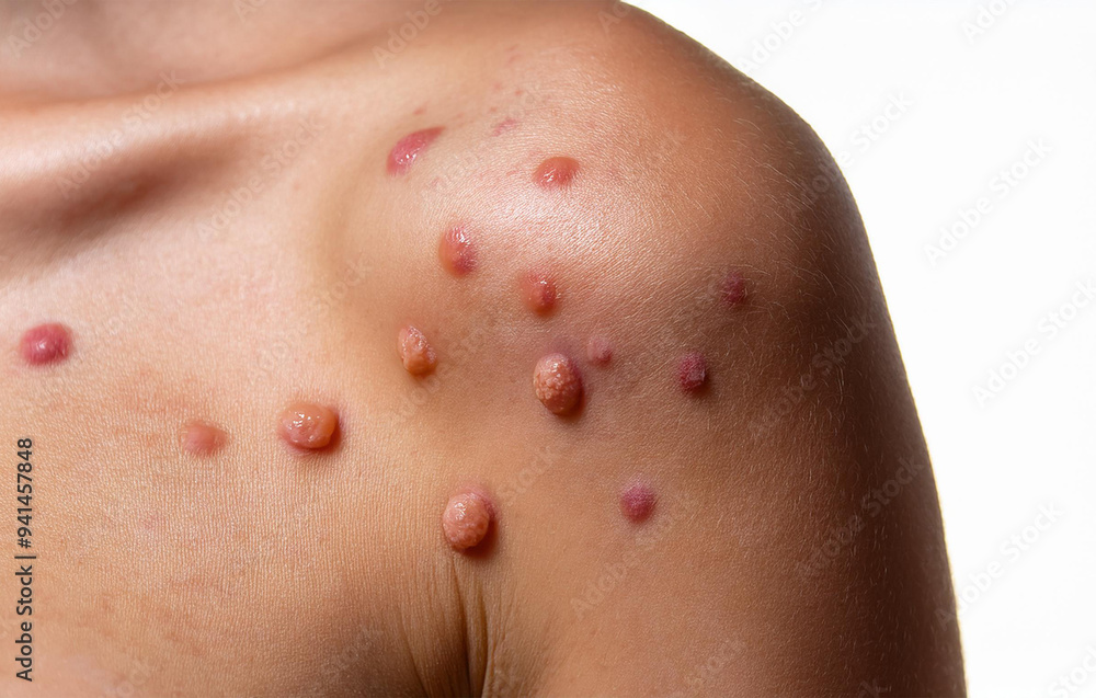 Monkeypox Virus on the skin, Microscopic View of the Monkeypox Virus. Close-Up Image of the Monkeypox Virus Structure, Skin Manifestation of Monkeypox, Dermatological viruses Monkeypox Virus on the skin, Microscopic View of the Monkeypox Virus. Close-Up Image of the Monkeypox Virus Structure, Skin Manifestation of Monkeypox, Dermatological viruses