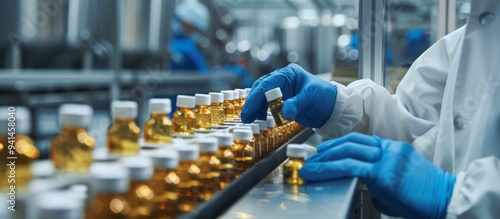 A factory worker in protective clothing and gloves manages medication bottles on an automated production line. The image captures precision and safety in pharmaceutical manufacturing.