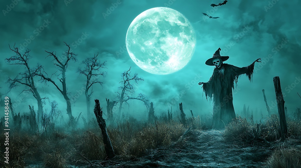 Fototapeta premium Spooky Halloween Night with Full Moon, Scarecrow, and Spectral Figures in Haunted Forest Field - Seasonal Creepy Background