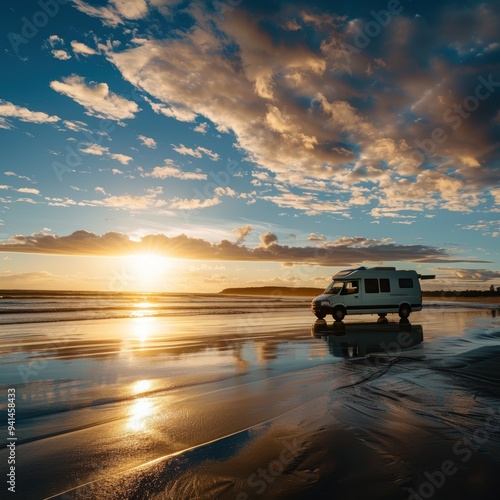 Camper van parked on the beach at sunset enjoying road trip