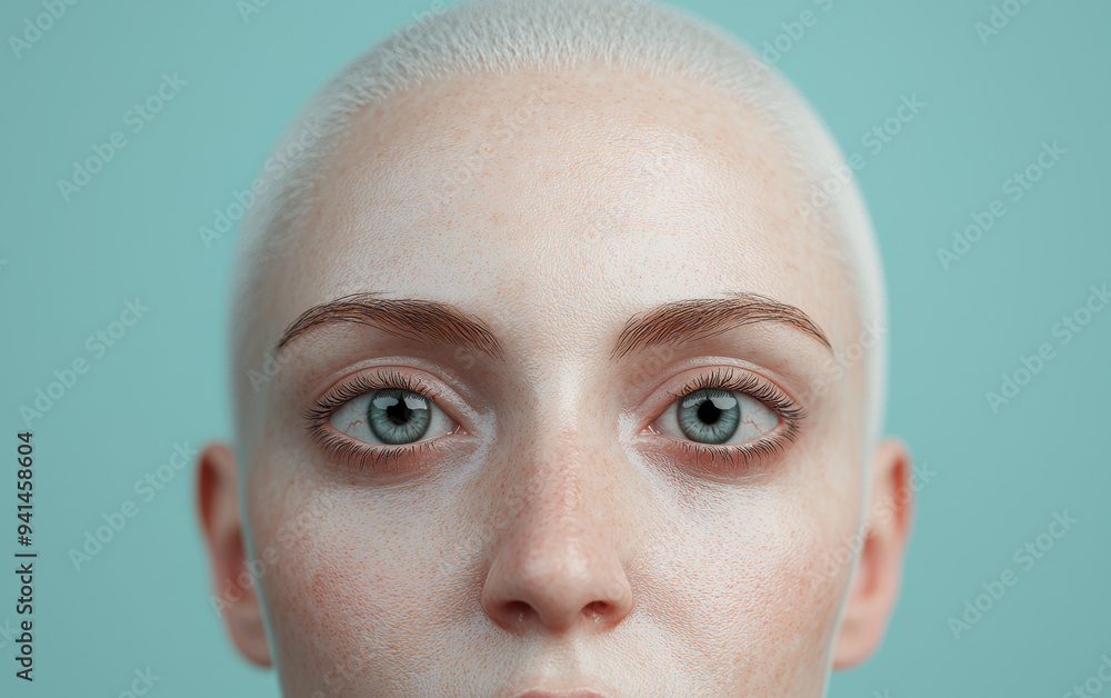 Fototapeta premium Close-up of a person with buzz cut hair and freckles against a turquoise background, highlighting clear blue eyes and smooth skin.