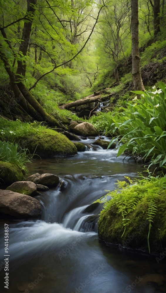 A detailed springtime scene featuring a freshwater stream and lush plants A detailed springtime scene featuring a freshwater stream and lush plants