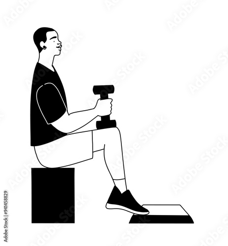 Outline drawing, young man working out, holding a dumbbell in his hand. Vector illustration