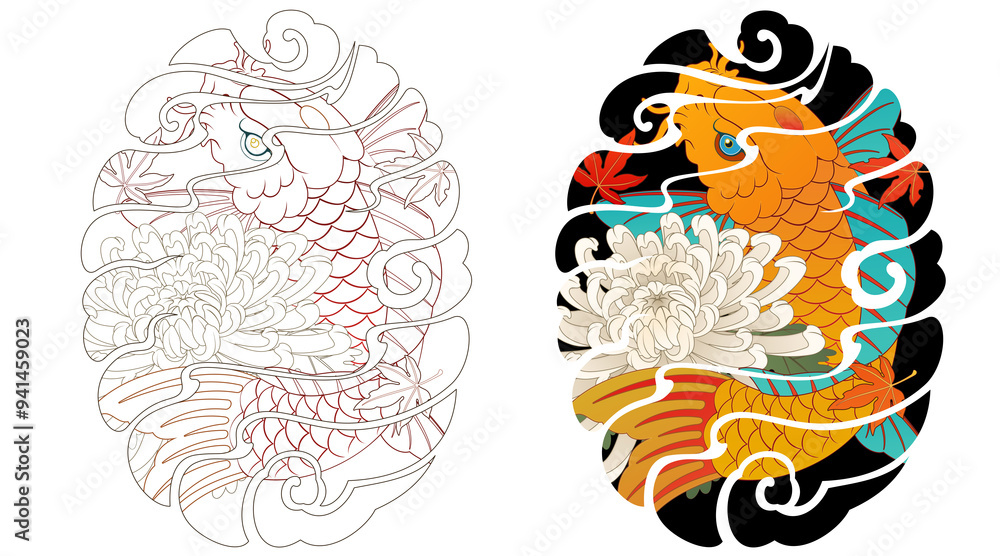 Obraz premium Carp tattoo design, Japanese irezumi koi fish style, oriental painting. Buddhist pattern illustration Line artwork included 건대타투, 타투달 