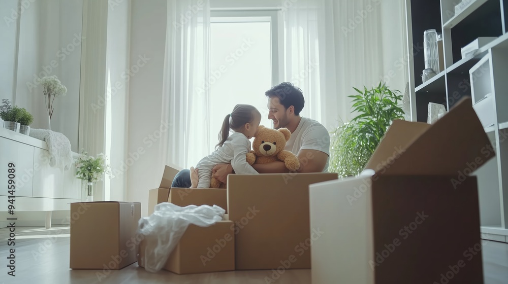 Father and daughter share a joyful moment with a teddy bear while unpacking in a bright living room during the day Father and daughter share a joyful moment with a teddy bear while unpacking in a bright living room during the day