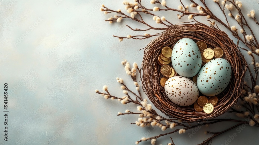 Fototapeta premium Nest with Speckled Eggs and Gold Coins Generative AI
