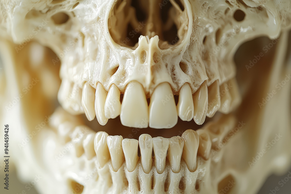 A close-up view revealing the intricate details of a human skull, showcasing its jawline, teeth, and unique textures in stunning clarity. A close-up view revealing the intricate details of a human skull, showcasing its jawline, teeth, and unique textures in stunning clarity.