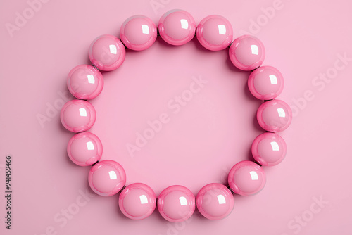 A minimalistic, pink bead bracelet arranged in a circular pattern on a matching pink background, showcasing simplicity and elegance in a pastel hue.