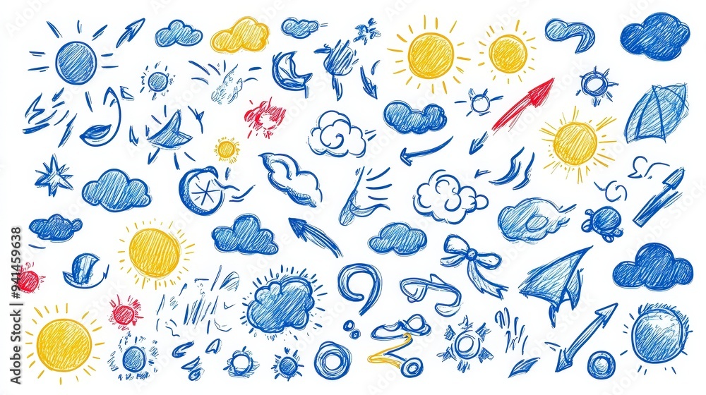 A collection of hand-drawn weather and nature icons in various colors. A collection of hand-drawn weather and nature icons in various colors.