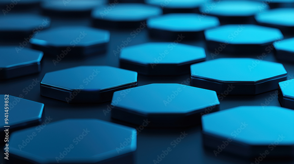 Fototapeta premium Close-up of blue hexagonal tiles on a black surface, creating a modern and geometric background ideal for tech and design themes.