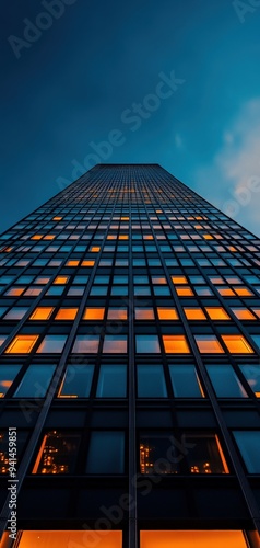 Wallpaper Mural A towering skyscraper with illuminated windows against a twilight sky, showcasing a blend of modern architecture and urban beauty. Torontodigital.ca