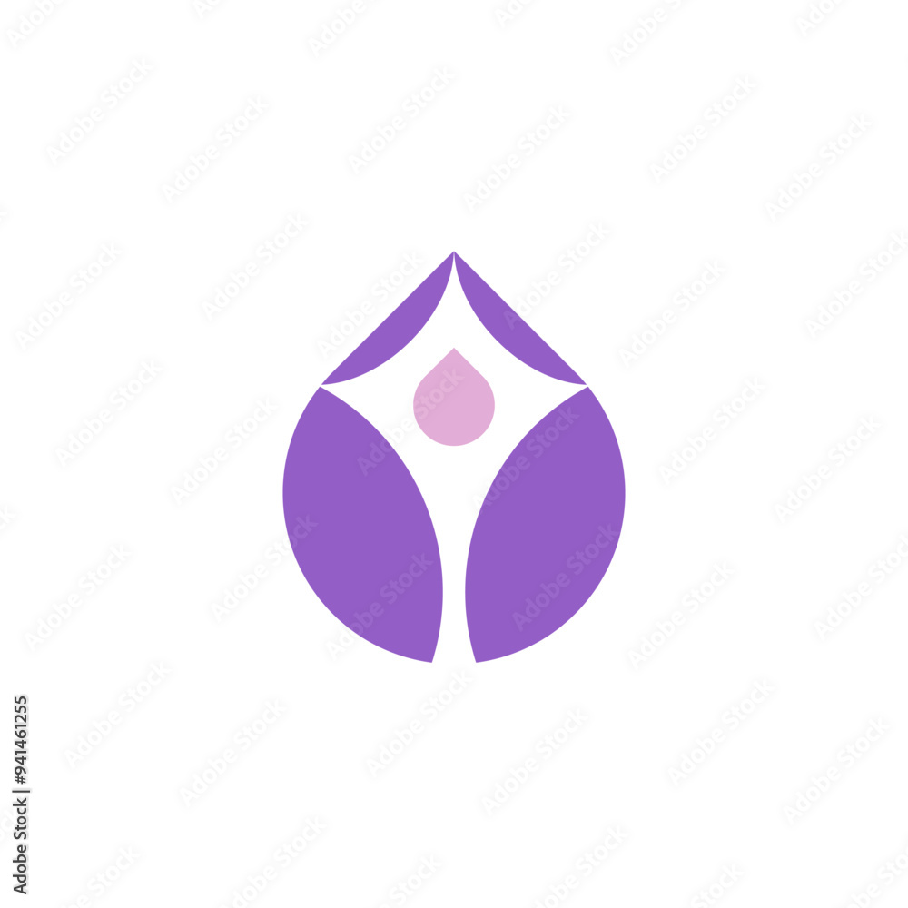 Obraz premium Purple Droplet Water with Four Leaf and Abstract People Inside, Spa and Wellness Logo Design Vector