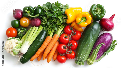 An assortment of colorful vegetables on a clean white background, viewed from above with room for text