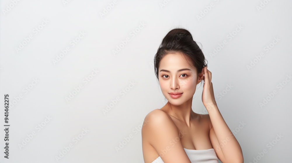 A radiant young Chinese woman with perfect, smooth skin poses gracefully against a clean, white background. A radiant young Chinese woman with perfect, smooth skin poses gracefully against a clean, white background.