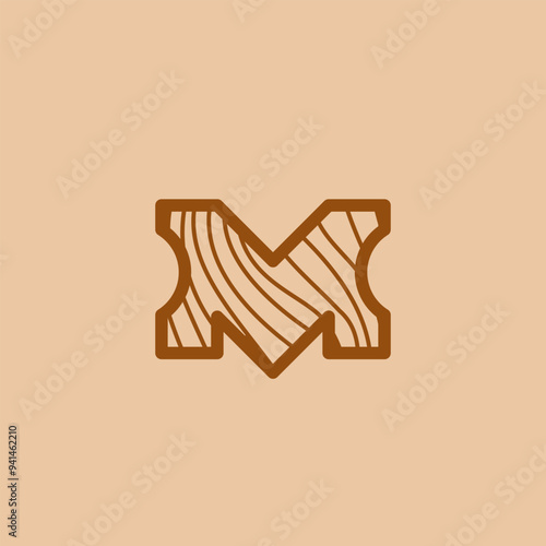 M Letter with Wood Texture Pattern, Woodworking Industrial Logo Design Vector