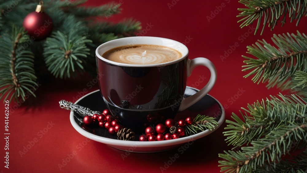 A cup of coffee, Christmas ornament, and fir branches on a red background A cup of coffee, Christmas ornament, and fir branches on a red background