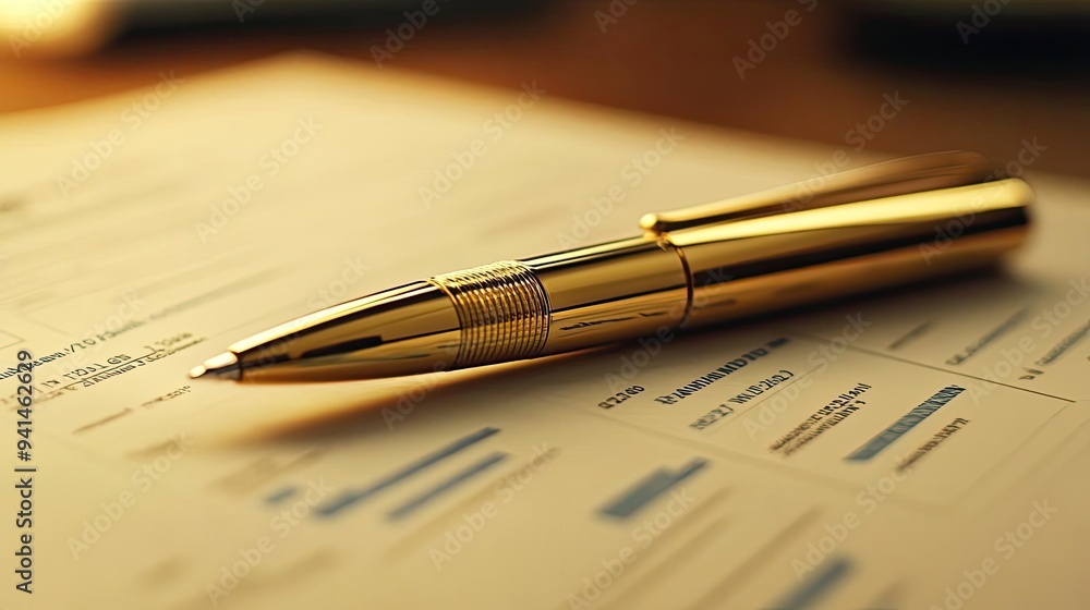 Fototapeta premium A close-up of a golden pen resting on a document, highlighting the elegance of writing and the importance of paperwork.